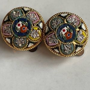 Micro Mosaic Italian clip Brass Earrings Antique